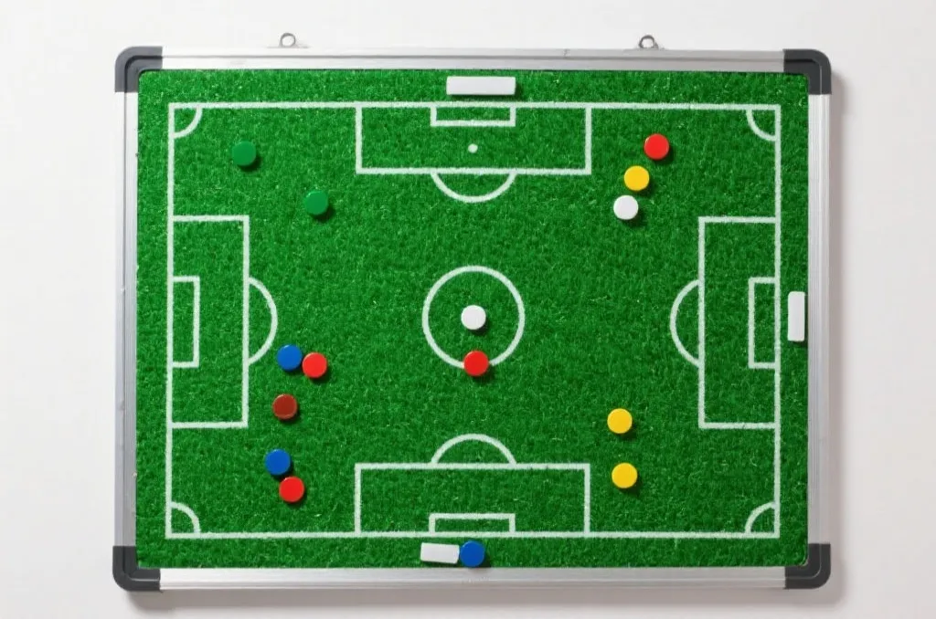 A professional soccer tactical board with green grass texture and magnetic markers, clean layout